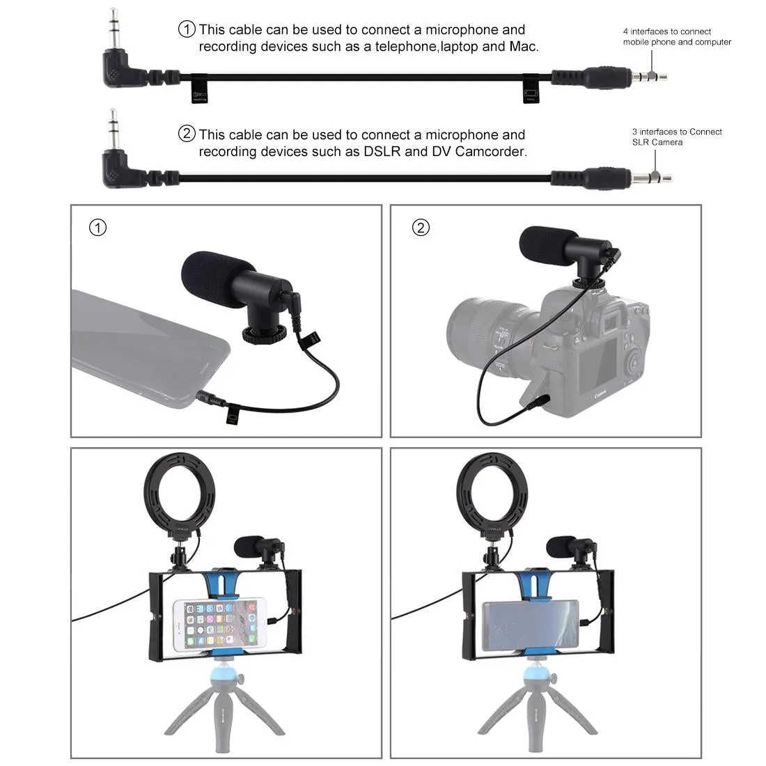 3-in-1 Vlogging Kit with Smartphone Rig, Microphone & LED Ring Light | Blue