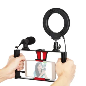 3-in-1 Vlogging Kit with Smartphone Rig, Microphone & LED Ring Light | Red