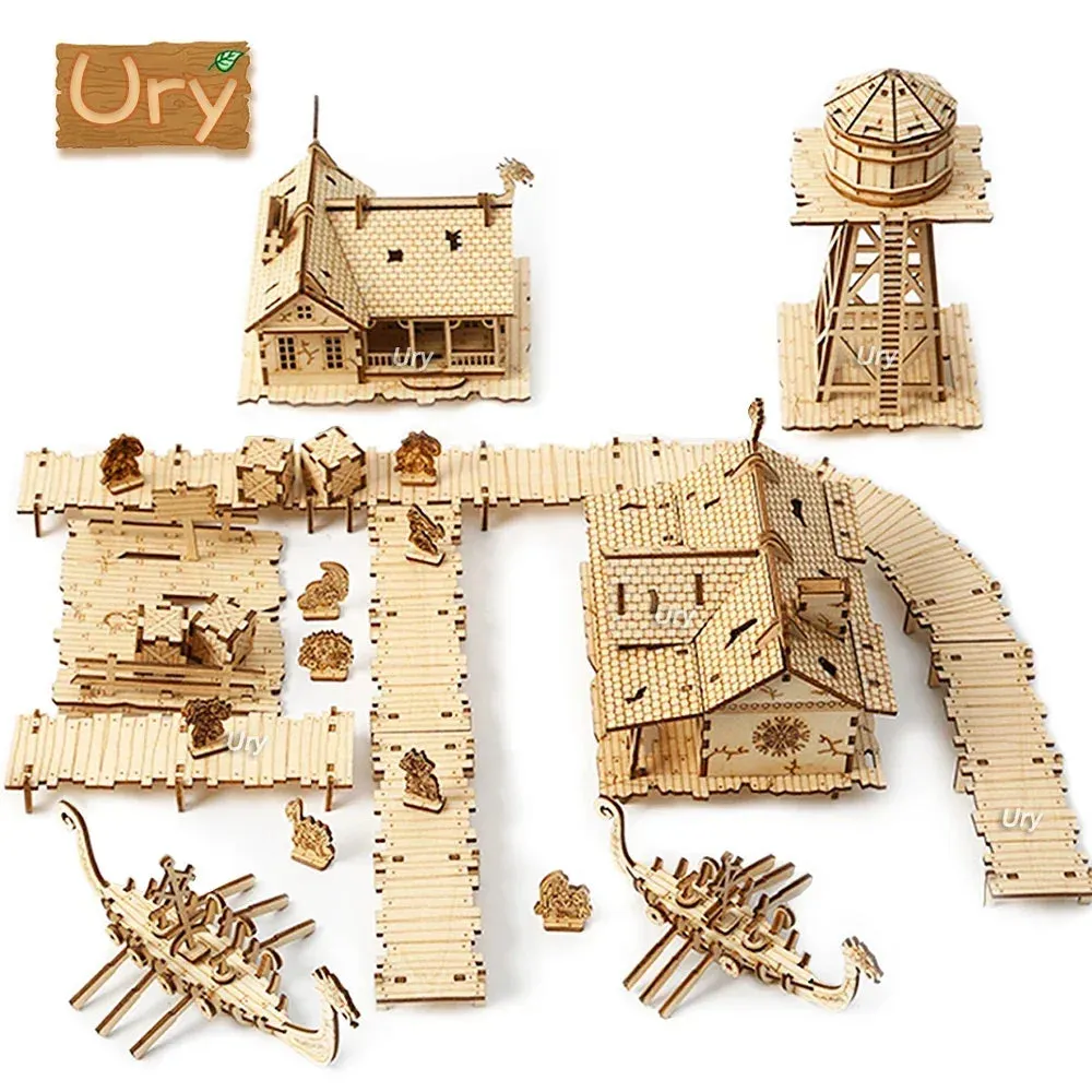 3D Wooden Puzzle City Viking Fisherman Wharf Village Handmade Assembly House Model