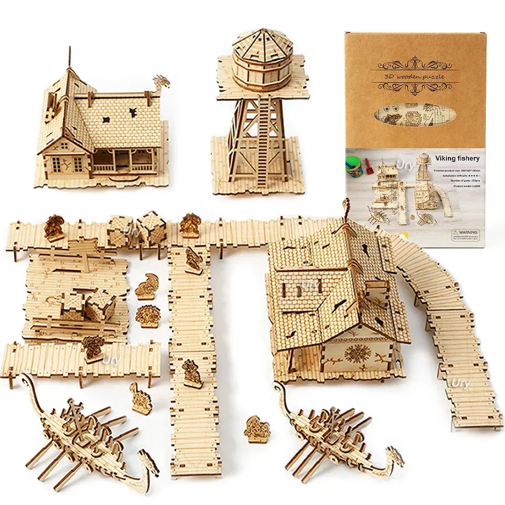 3D Wooden Puzzle City Viking Fisherman Wharf Village Handmade Assembly House Model