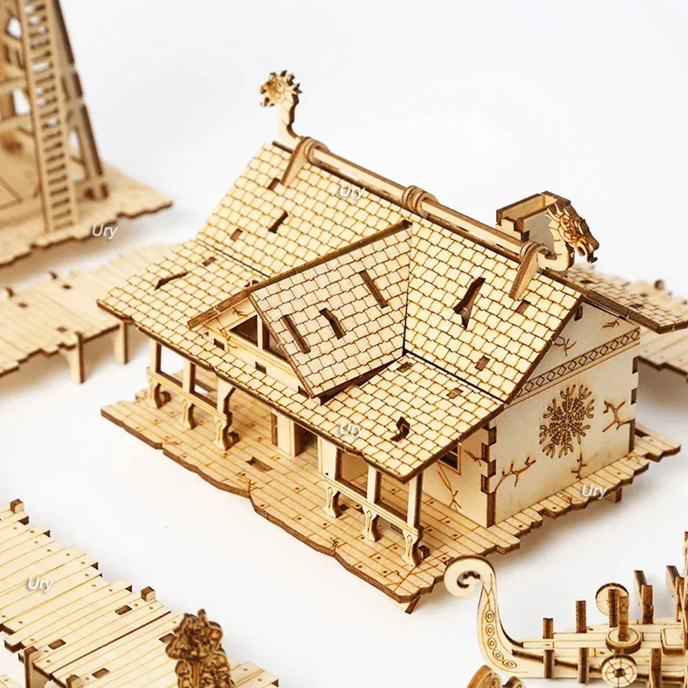 3D Wooden Puzzle City Viking Fisherman Wharf Village Handmade Assembly House Model