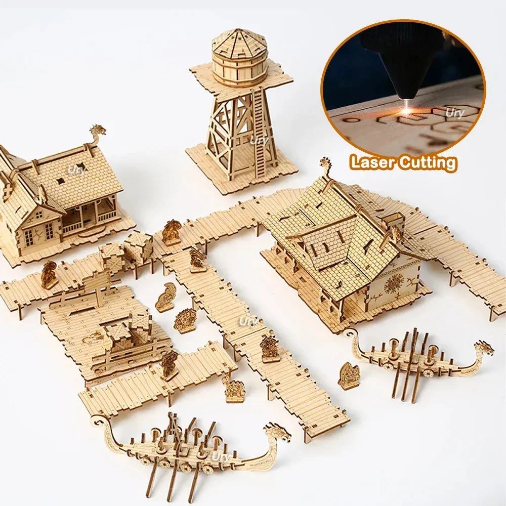 3D Wooden Puzzle City Viking Fisherman Wharf Village Handmade Assembly House Model