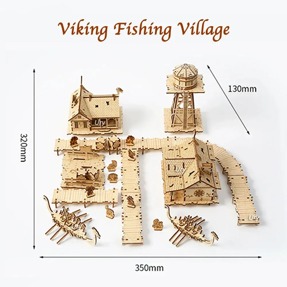 3D Wooden Puzzle City Viking Fisherman Wharf Village Handmade Assembly House Model