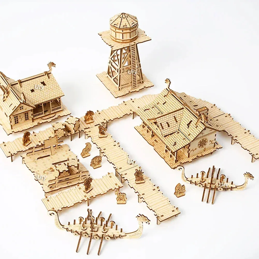 3D Wooden Puzzle City Viking Fisherman Wharf Village Handmade Assembly House Model