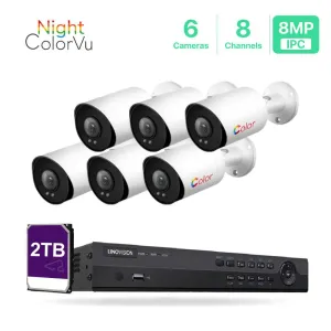 8 Channel 4K NVR PoE IP Camera System 6 Pcs 8MP Colorful Night View PoE Bullet Security Cameras With 2TB HDD