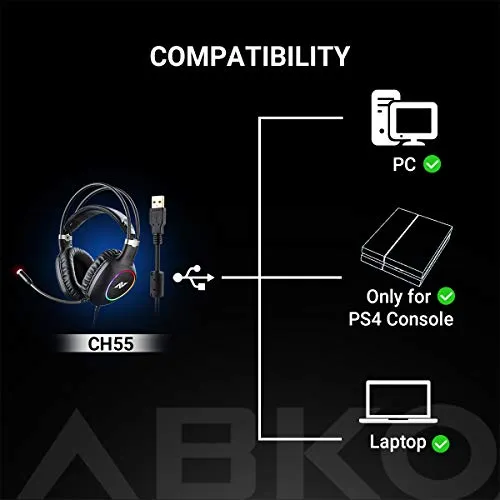 ABKONCORE Gaming Headset with Noise-canceling Microphone, Lightweight PS4 Headset with 50mm Speaker Driver, Cool RGB LED Light, Gaming Headphone with Pressure-Relieving Ear Cushion for PS4, PC, Laptop