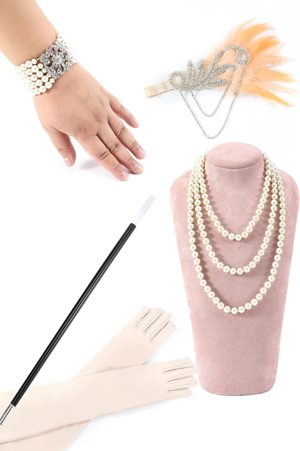 Apricot Flower Long Sequins 1920s Dress with Accessories Set