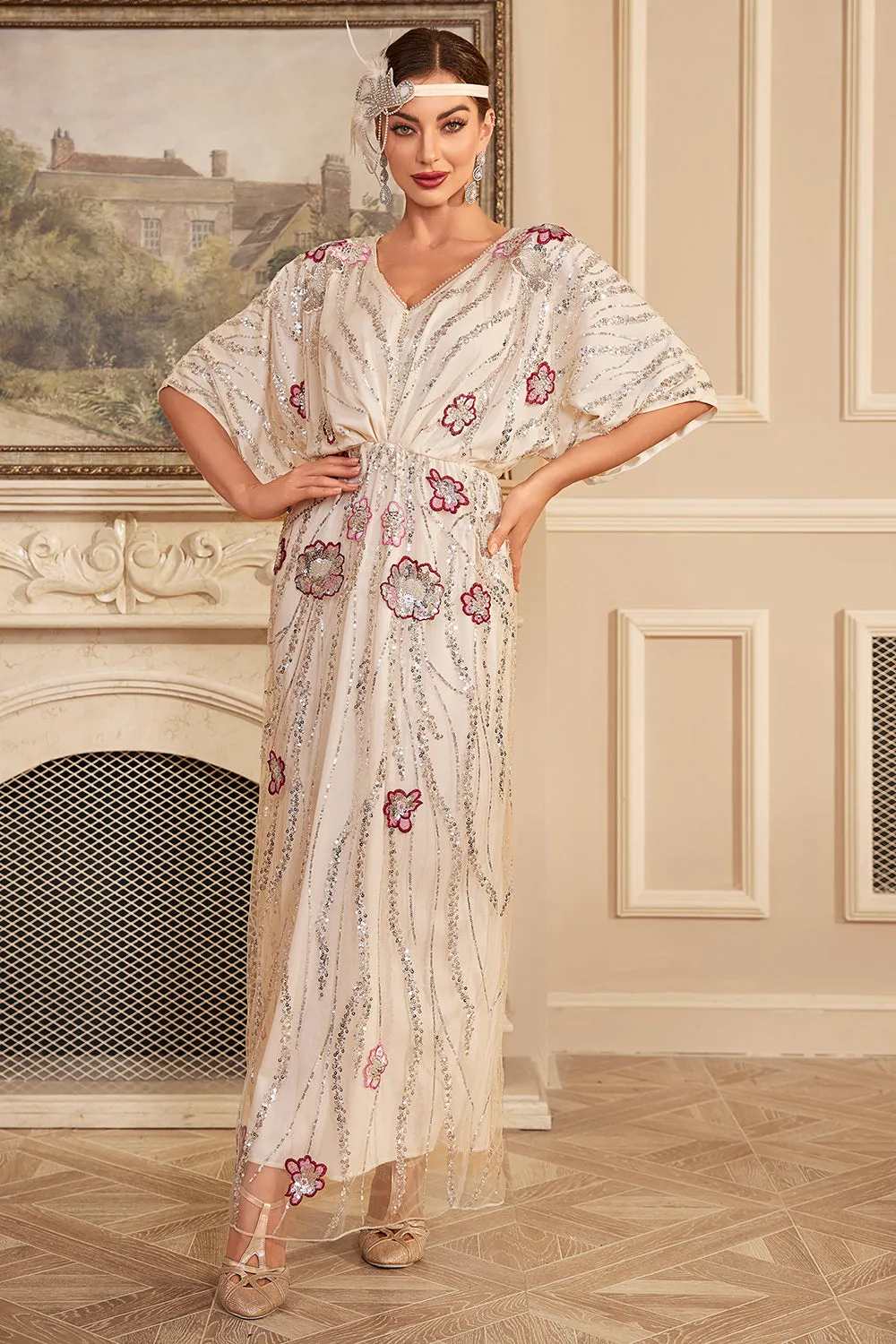 Apricot Flower Long Sequins 1920s Dress with Accessories Set