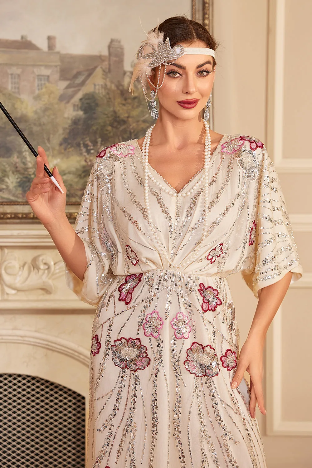 Apricot Flower Long Sequins 1920s Dress with Accessories Set