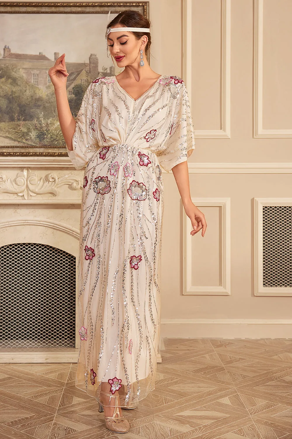 Apricot Flower Long Sequins 1920s Dress with Accessories Set