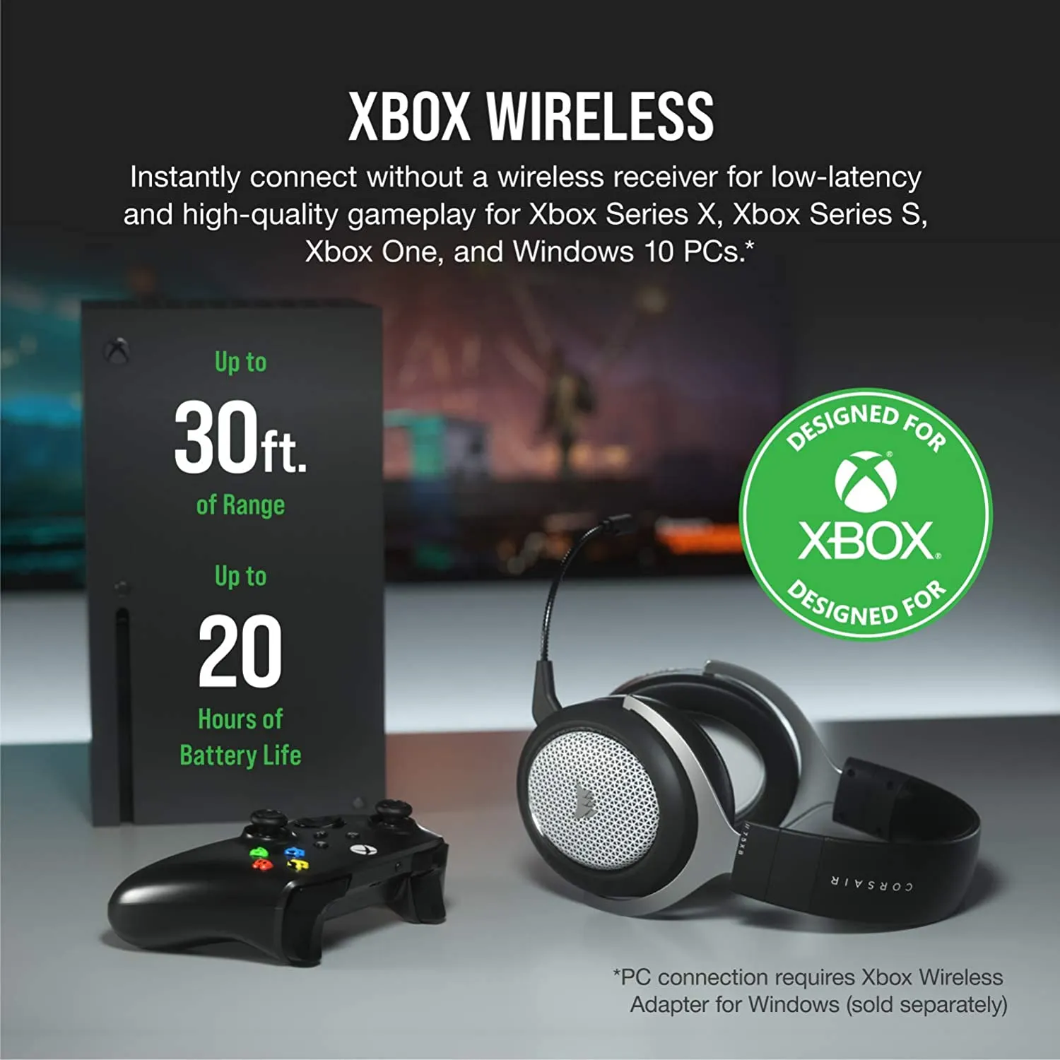 Corsair Headset HS75 XB Wireless Gaming Headset - 20 Hour Battery Life Works w/Xbox Series X, Xbox Series S, Xbox One, PC- Detachable Noise Canceling Microphone- Memory Foam Earcups- 30 Feet of Range