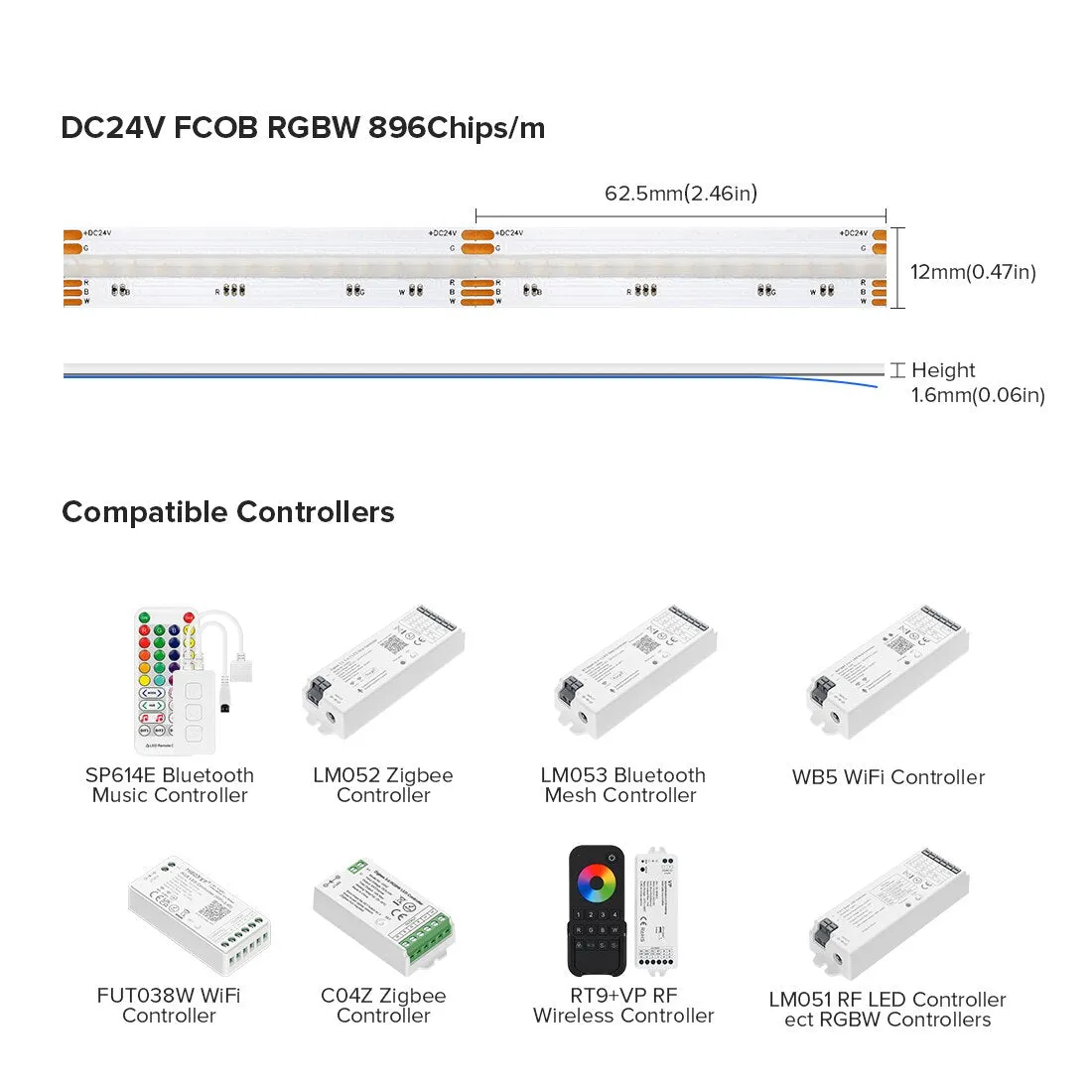FCOB RGBW Flexible High Density Uniform Light 5Pin DC12V DC24V 896 LED 12mm Linear Dimmable Indoor Lighting